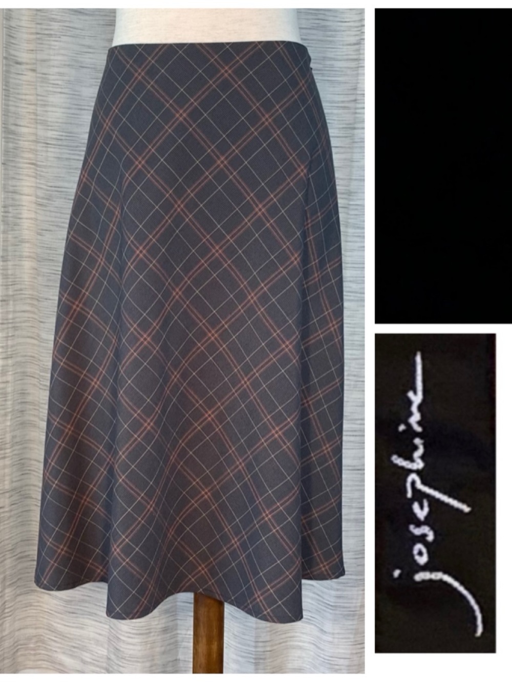 Josephine gray with orange and tan plaids A-line skirt.